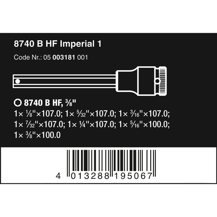 Wera 8740 B HF Imperial 1 Zyklop bit socket set with holding function, 3/8" drive, 7
