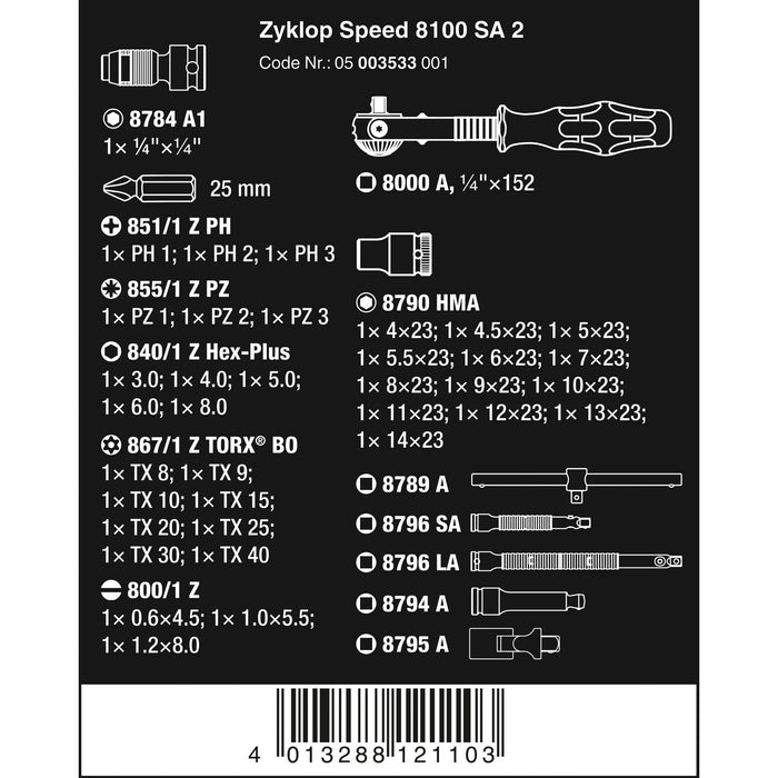 Wera 8100 SA 2 Zyklop Speed Ratchet Set, 1/4" drive, metric, 42 pieces