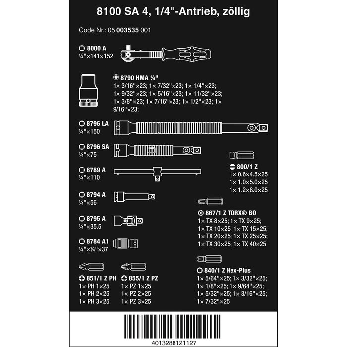 Wera 8100 SA 4 Zyklop Speed Ratchet Set, 1/4" drive, imperial, 41 pieces