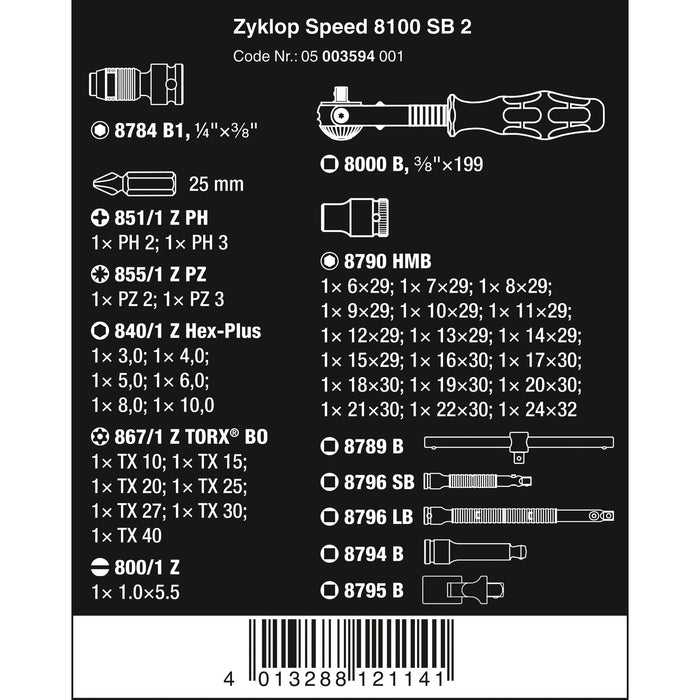 Wera 8100 SB 2 Zyklop Speed Ratchet Set, 3/8" drive, metric, 43 pieces