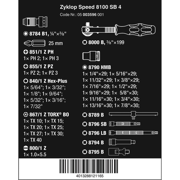 Wera 8100 SB 4 Zyklop Speed Ratchet Set, 3/8" drive, imperial, 38 pieces