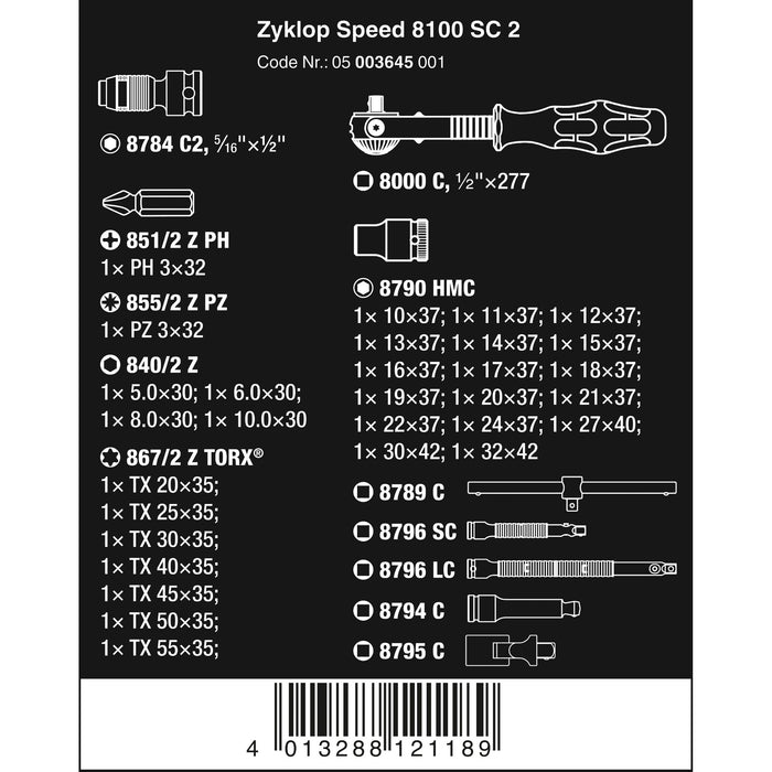 Wera 8100 SC 2 Zyklop Speed Ratchet Set, 1/2" drive, metric, 37 pieces