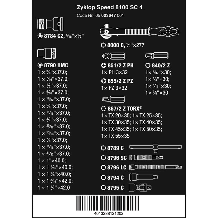 Wera 8100 SC 4 Zyklop Speed Ratchet Set, 1/2" drive, imperial, 38 pieces