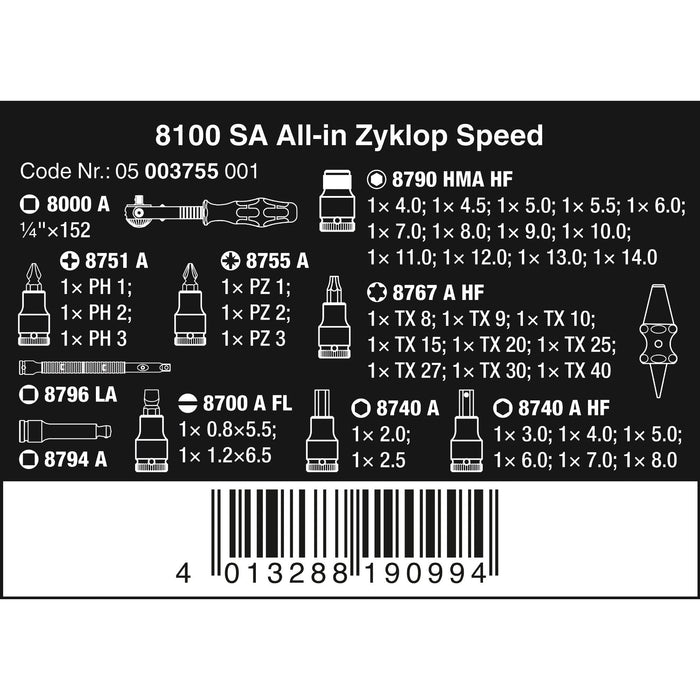 Wera 8100 SA All-in Zyklop Speed Ratchet Set, 1/4" drive, with holding function, metric,