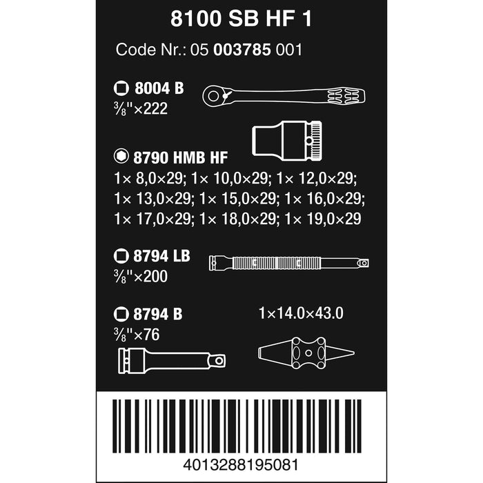 Wera 8100 SB HF 1 Zyklop Metal Ratchet Set with switch lever, 3/8" drive, with holding