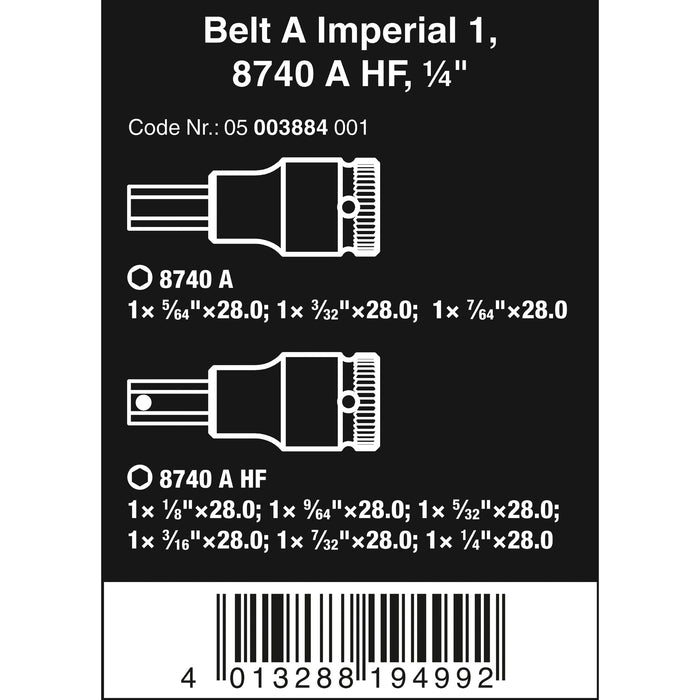 Wera Belt A Imperial 1 Zyklop In-Hex-Plus bit socket set with holding function, 1/4" drive,