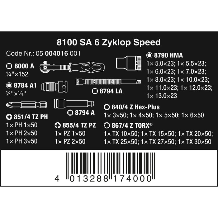 Wera 8100 SA 6 Zyklop Speed Ratchet Set, 1/4" drive, metric, 28 pieces