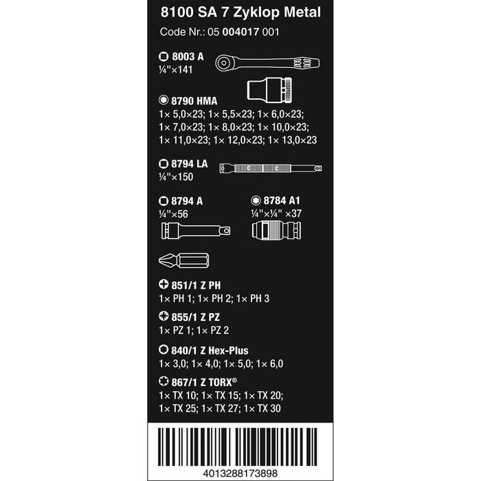 Wera 8100 SA 7 Zyklop Metal Ratchet Set with push-through square, 1/4" drive, metric,
