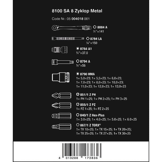 Wera 8100 SA 8 Zyklop Metal Ratchet Set with switch lever, 1/4" drive, metric, 28 pieces