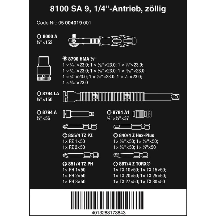 Wera 8100 SA 9 Zyklop Speed Ratchet Set, 1/4" drive, imperial, 28 pieces