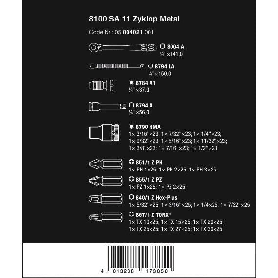 Wera 8100 SA 11 Zyklop Metal Ratchet Set with switch lever, 1/4" drive, imperial, 28