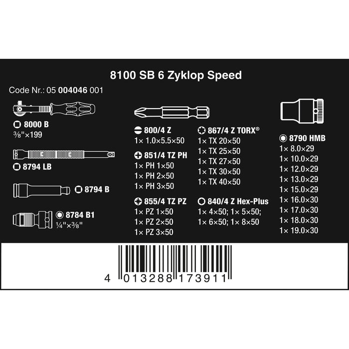 Wera 8100 SB 6 Zyklop Speed Ratchet Set, 3/8" drive, metric, 29 pieces