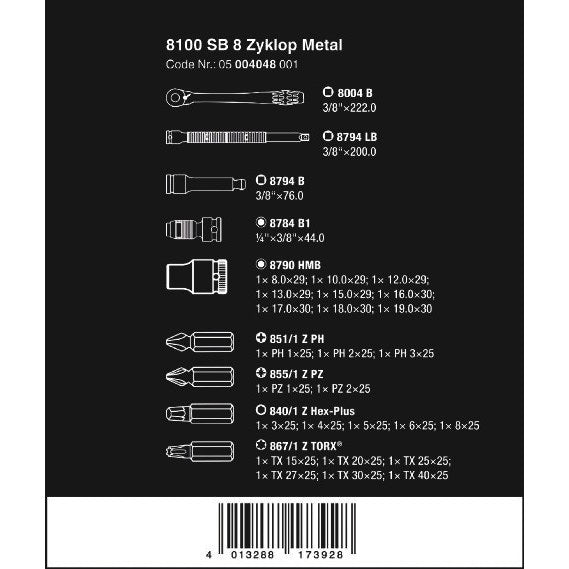 Wera 8100 SB 8 Zyklop Metal Ratchet Set with switch lever, 3/8" drive, metric, 29 pieces