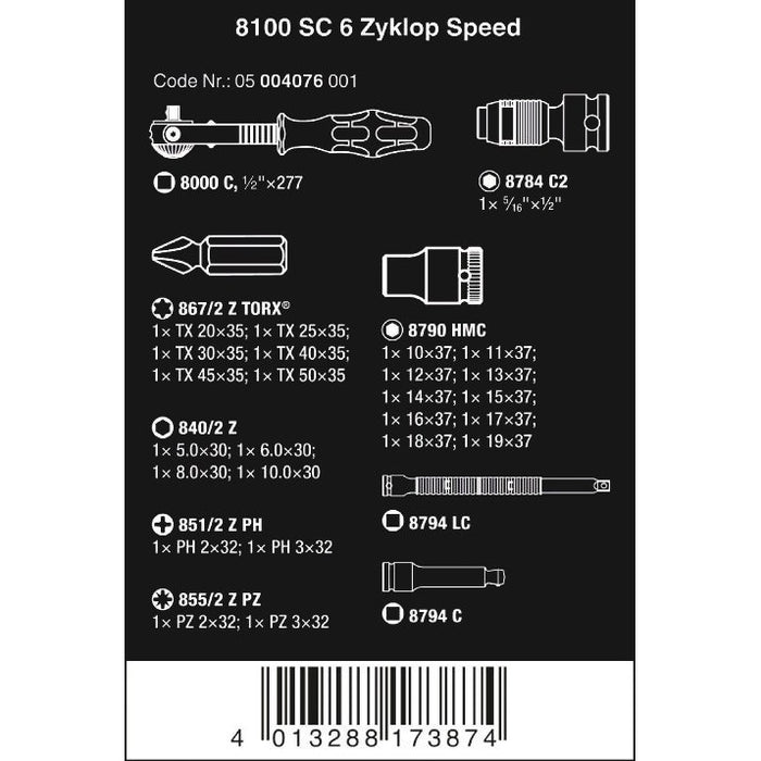 Wera 8100 SC 6 Zyklop Speed Ratchet Set, 1/2" drive, metric, 28 pieces
