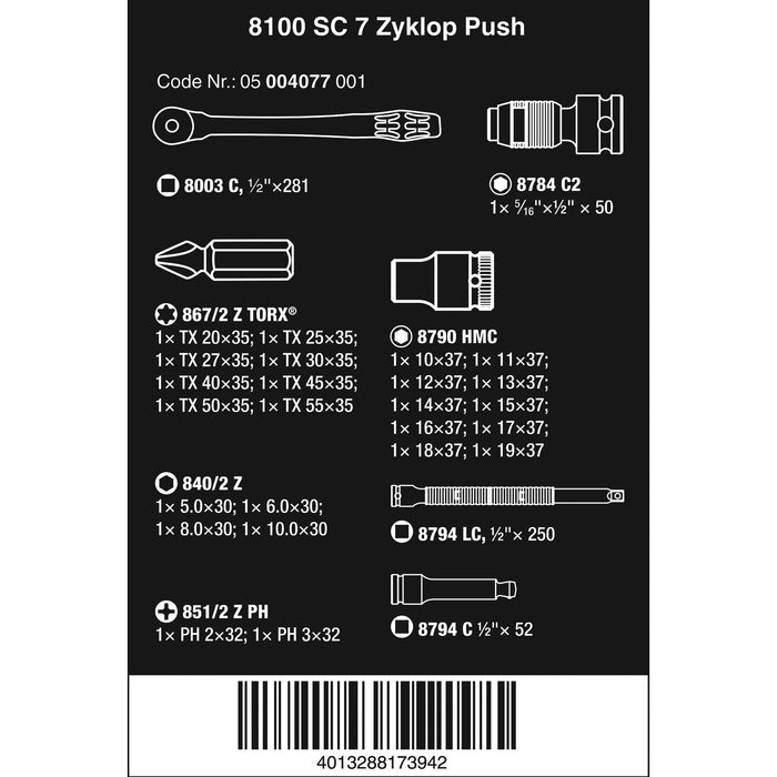 Wera 8100 SC 7 Zyklop Metal Ratchet Set with push-through square, 1/2" drive, metric,