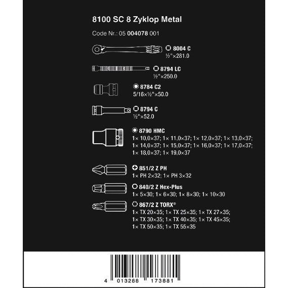 Wera 8100 SC 8 Zyklop Metal Ratchet Set with switch lever, 1/2" drive, metric, 28 pieces