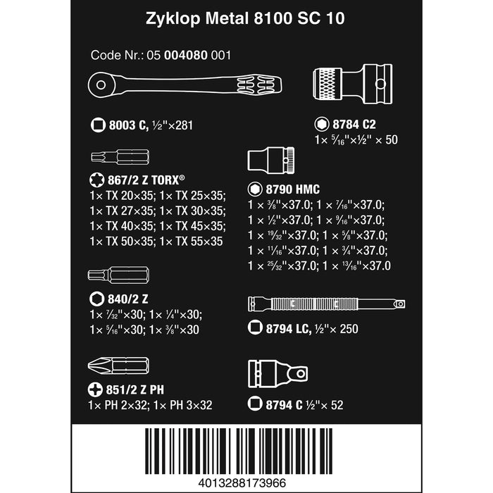 Wera 8100 SC 10 Zyklop Metal Ratchet Set with push-through square, 1/2" drive,