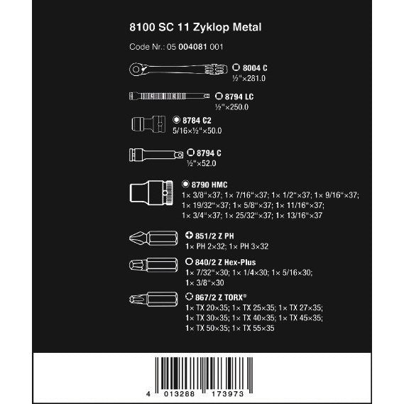 Wera 8100 SC 11 Zyklop Metal Ratchet Set with switch lever, 1/2" drive, imperial, 28