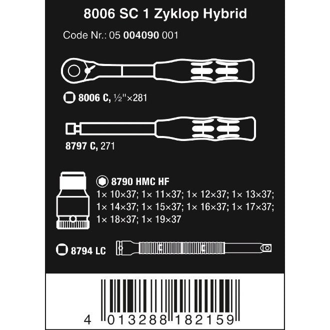 Wera 8006 SC 1 Zyklop Hybrid Ratchet Set, 1/2" drive, metric, 13 pieces