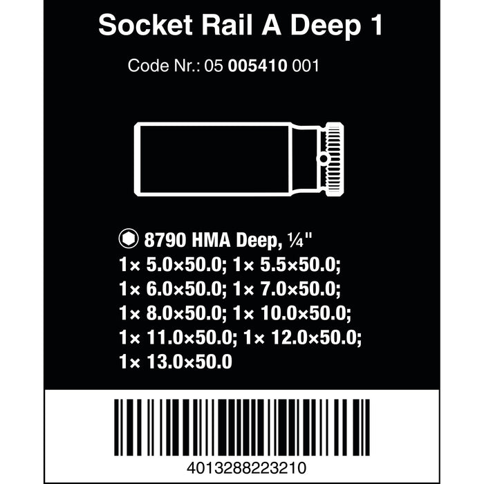 Wera Magnetic socket rail A Deep 1 socket set, 1/4" drive, 9 pieces