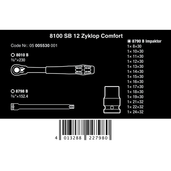Wera 8100 SB 12 Zyklop Comfort Ratchet set, reversing lever, 3/8" drive, metric, 16