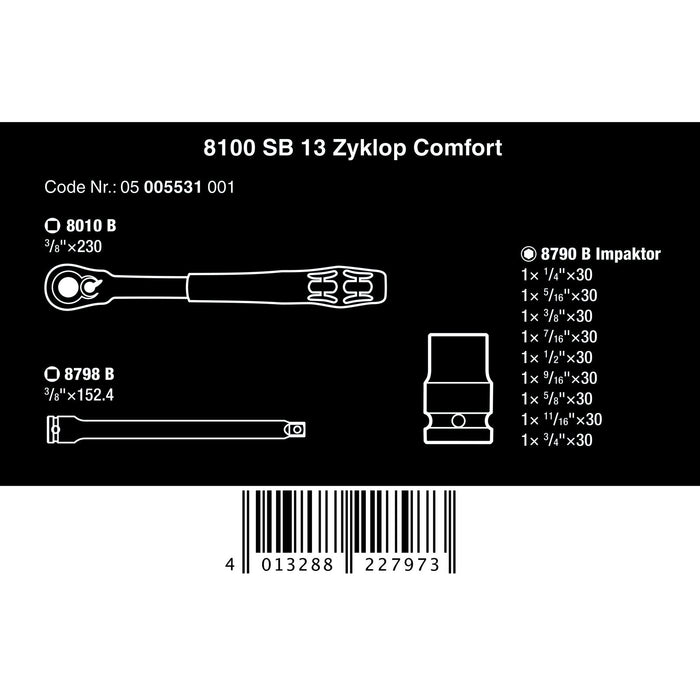Wera 8100 SB 13 Zyklop Comfort Ratchet set, reversing lever, 3/8" drive, imperial, 11