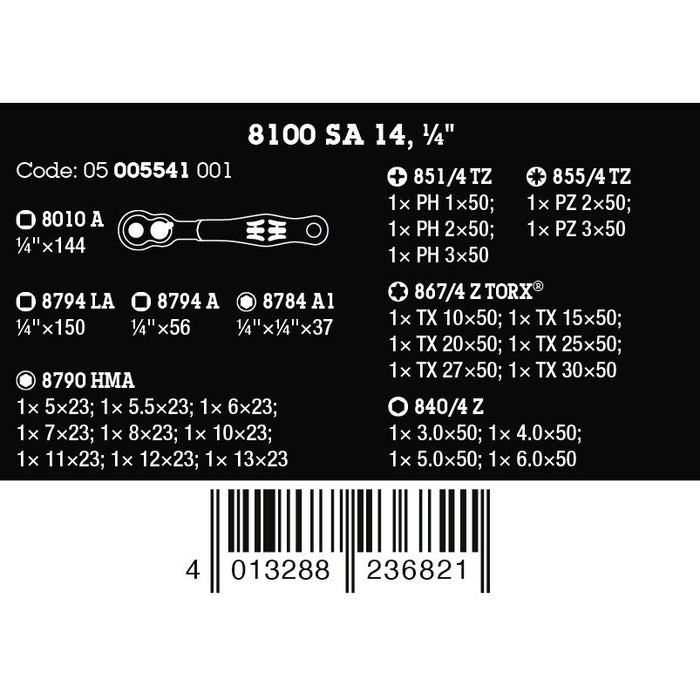 Wera 8100 SA 14 Zyklop Comfort ratchet set, reversing lever, 1/4" drive, metric, 28
