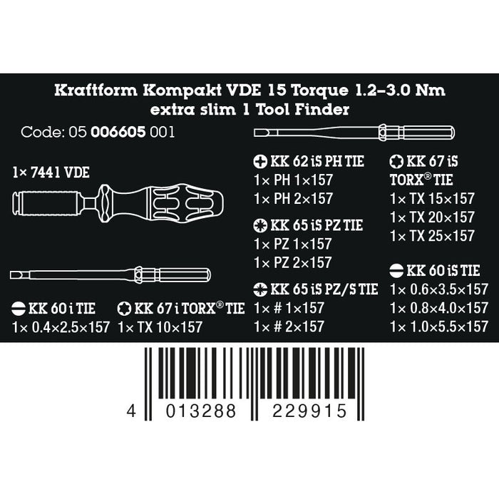 Wera Kraftform Kompakt VDE 15 Torque 1.2-3.0 Nm extra slim 1 Tool Finder, 15 pieces