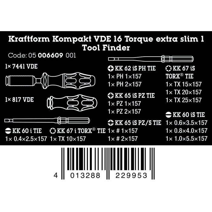 Wera Kraftform Kompakt VDE 16 Torque 1.2-3.0 Nm extra slim 1 Tool Finder, 16 pieces
