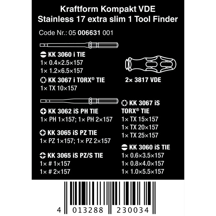 Wera Kraftform Kompakt VDE Stainless 17 extra slim 1 Tool finder, 17 pieces