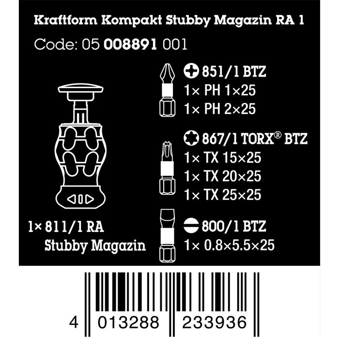 Wera Kraftform Kompakt Stubby magazine RA 1, 6 pieces