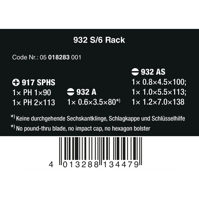 Wera 932 S/6 Screwdriver set Kraftform Wera: Chiseldriver and rack, 6 pieces