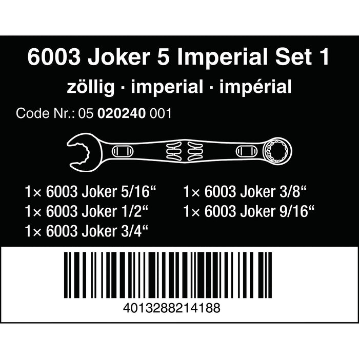 Wera 6003 Joker 5 Imperial Set 1 Combination wrench set, Imperial, 5 pieces