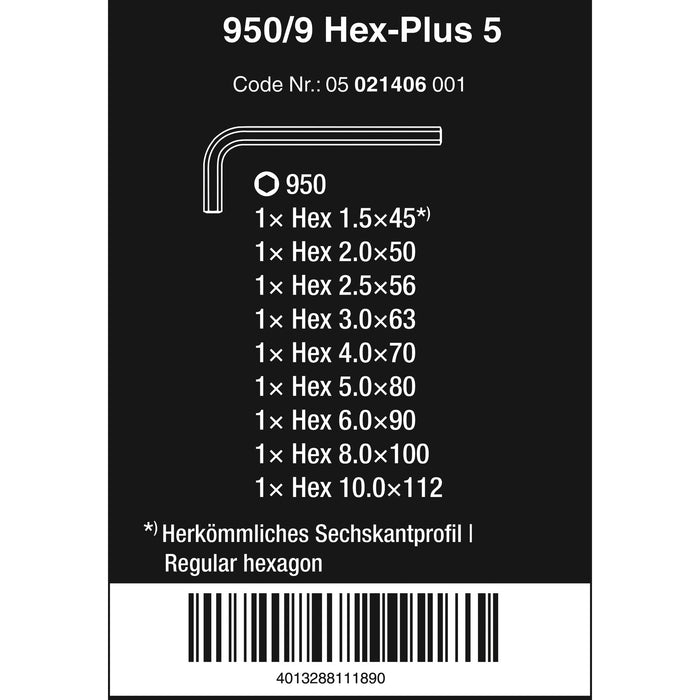 Wera 950/9 Hex-Plus 5 L-key set, metric, chrome-plated, 9 pieces