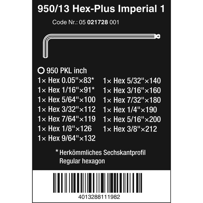 Wera 950/13 Hex-Plus Imperial 1 L-key set, Imperial, BlackLaser, 13 pieces