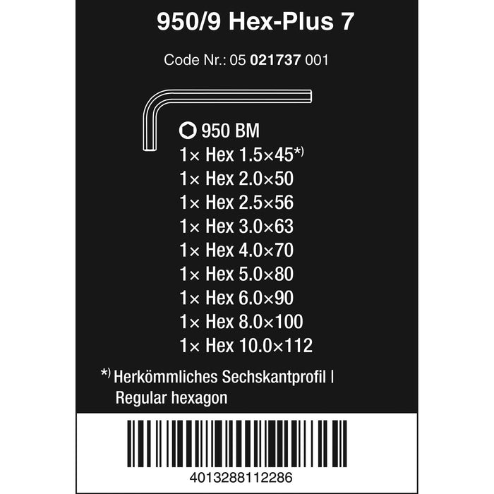 Wera 950/9 Hex-Plus 7 L-key set, metric, BlackLaser, 9 pieces