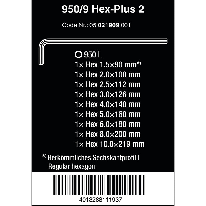 Wera 950/9 Hex-Plus 2 L-key set, metric, chrome-plated, 9 pieces