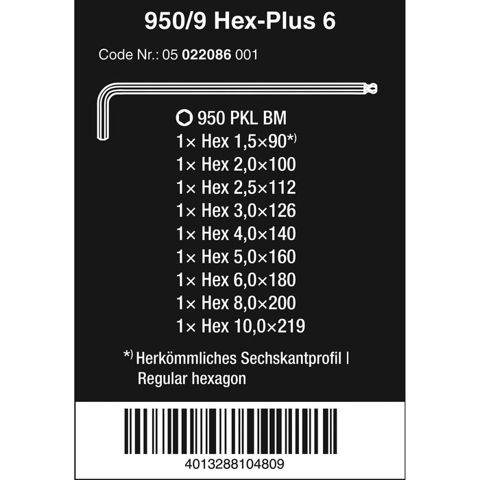 Wera 950/9 Hex-Plus 6 L-key set, metric, BlackLaser, 9 pieces