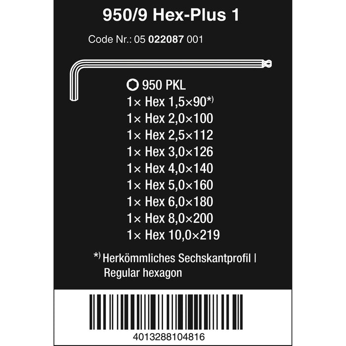 Wera 950/9 Hex-Plus 1 L-key set, metric, chrome-plated, 9 pieces