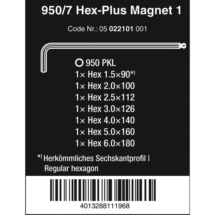 Wera 950/7 Hex-Plus Magnet 1 Magnetic L-key set, metric, chrome-plated, 7 pieces