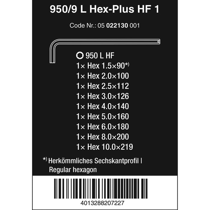 Wera 950/9 L Hex-Plus HF 1 L-key set, metric, chrome-plated, with holding function, 9