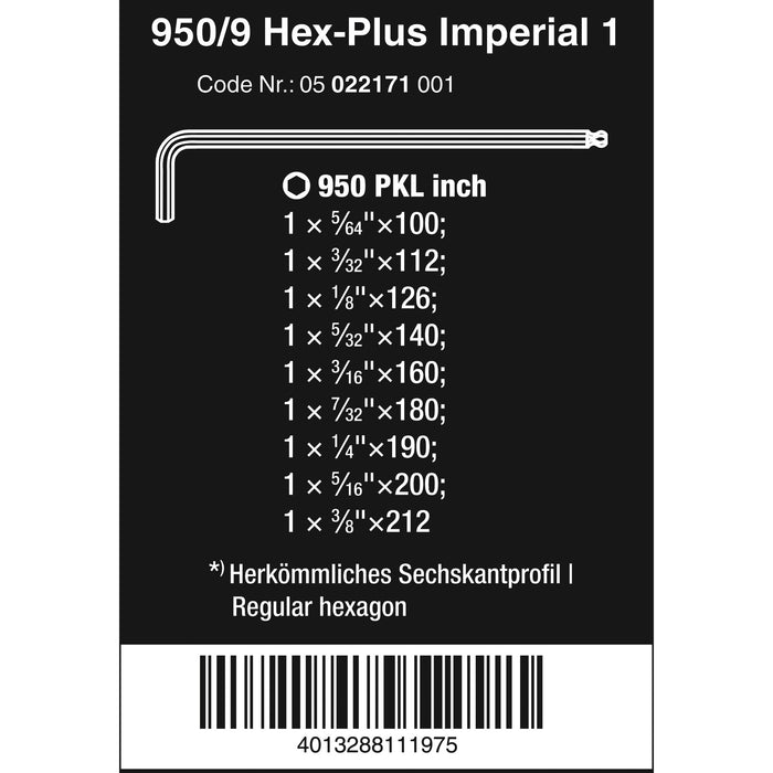 Wera 950/9 Hex-Plus Imperial 1 L-key set, Imperial, BlackLaser, 9 pieces