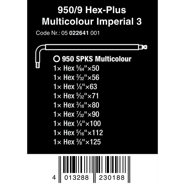 Wera 950/9 Hex-Plus Multicolour Imperial 3 L-key set, imperial, BlackLaser, 9 pieces