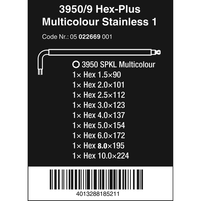 Wera 3950/9 Hex-Plus Multicolour Stainless 1 L-key set, metric, stainless, 9 pieces