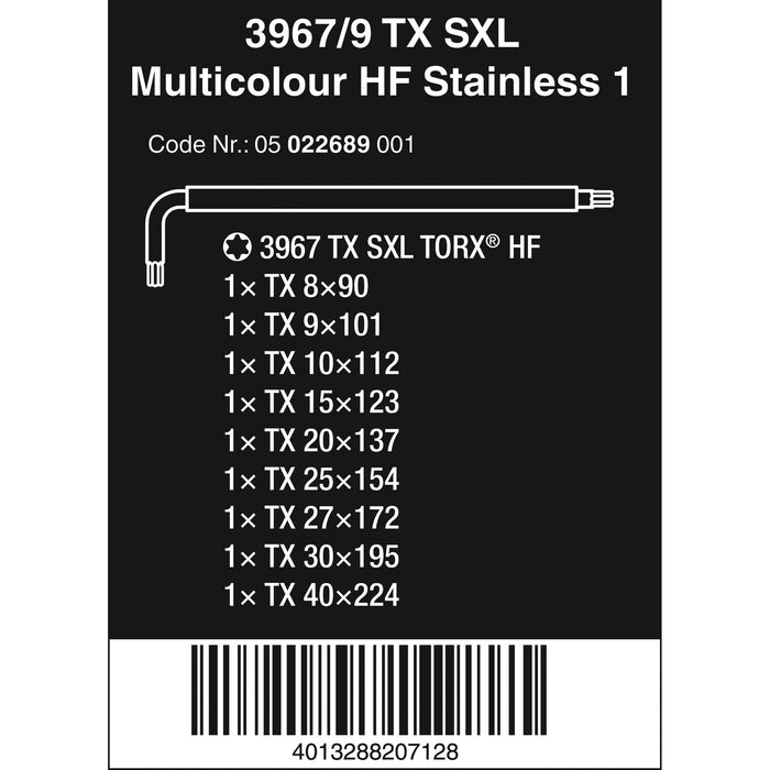 Wera 3967/9 TX SXL Multicolour HF Stainless 1 L-key set with holding function, stainless,