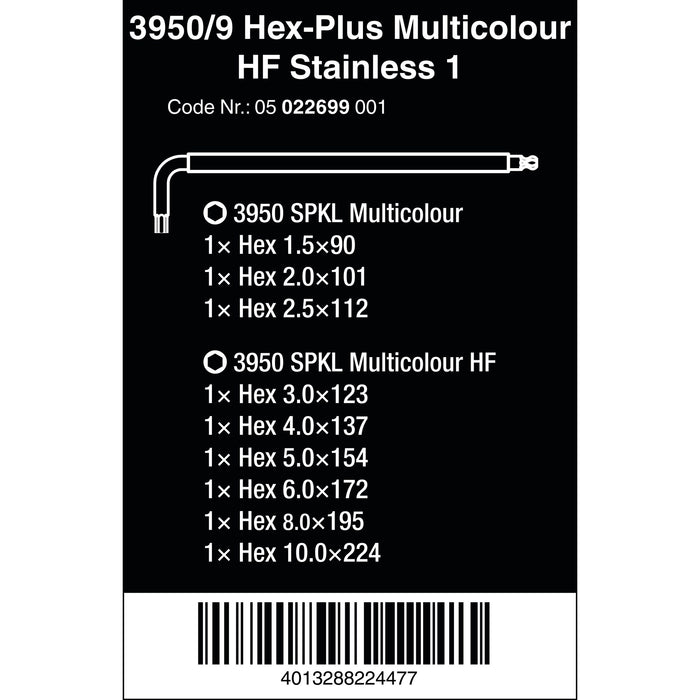 Wera 3950/9 Hex-Plus Multicolour HF Stainless 1 L-key set, metric, stainless steel, with