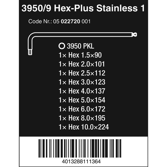 Wera 3950/9 Hex-Plus Stainless 1 L-key set, metric, stainless, 9 pieces