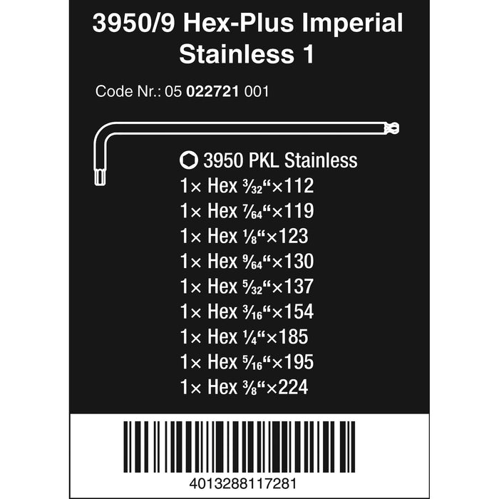 Wera 3950/9 Hex-Plus Imperial Stainless 1 L-key set, Imperial, stainless, 9 pieces