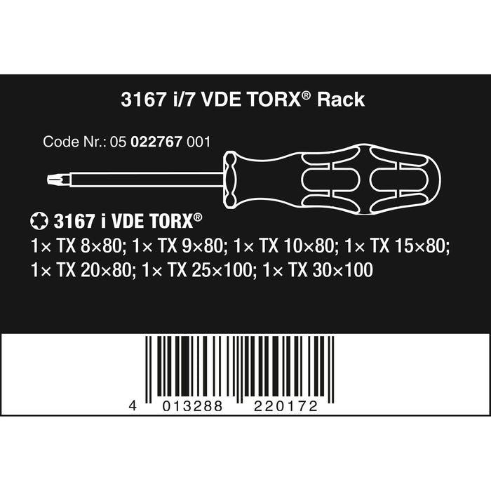 Wera 3167 i/7 TORX® Screwdriver set, stainless and rack, 7 pieces