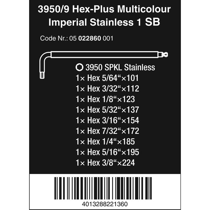 Wera 3950/9 Hex-Plus Multicolour Imperial Stainless 1, imperial, stainless steel, 9 pieces